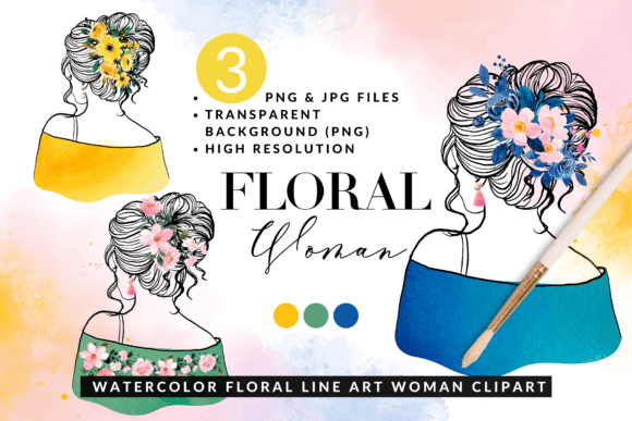 Watercolor Floral Line Art Woman Clipart